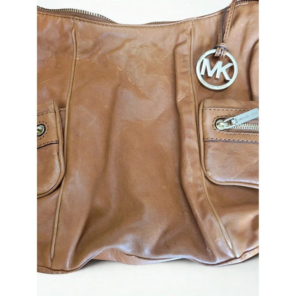 Michael Kors Cognac Brown Leather‎ Medium Shoulder Satchel Bag Buckles Boho Hobo